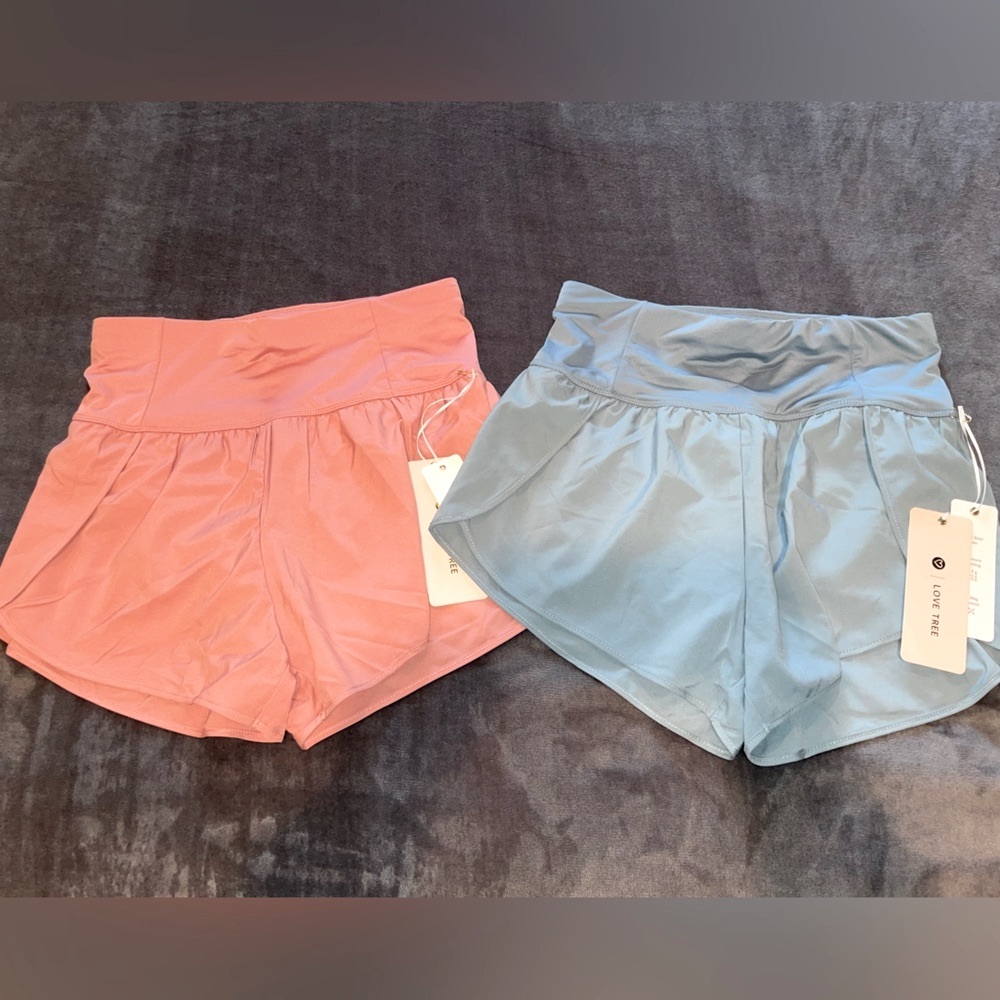 Love Tree Line Active Running Shorts 2 pairs Rose Pink and Verdigris blue.